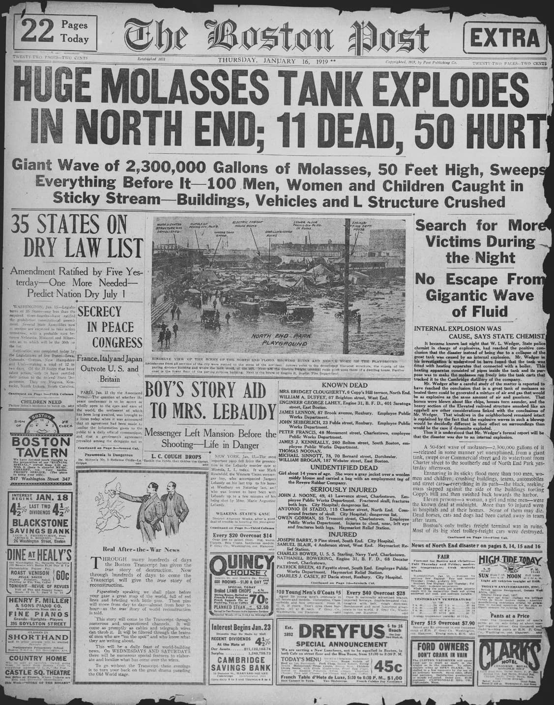 보스턴 당밀 홍수를 보도한 1919년 1월 16일자 보스턴 포스트 1면